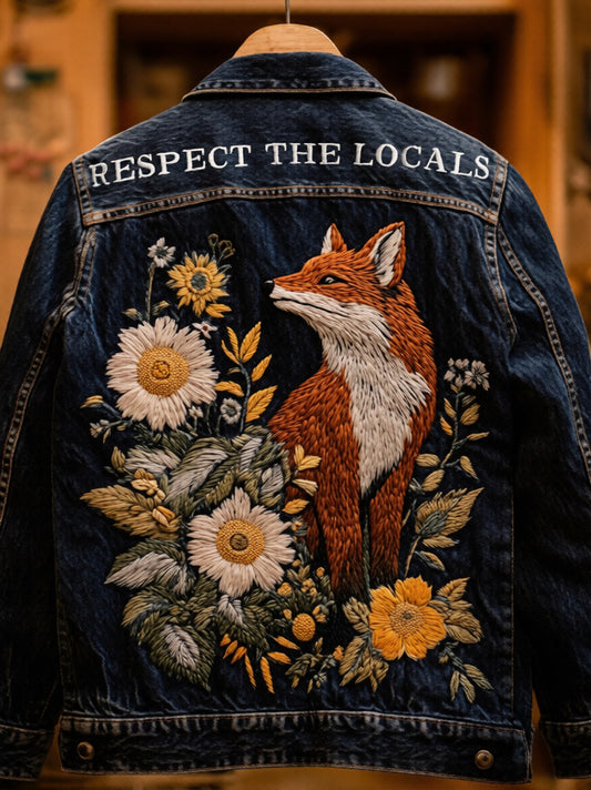 Women's Retro Washed Spliced 3D Printed Flanged Cuffs Denim Jacket