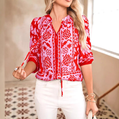 Womens New Pointed-Collar Printed Long-Sleeve Cardigan Shirt