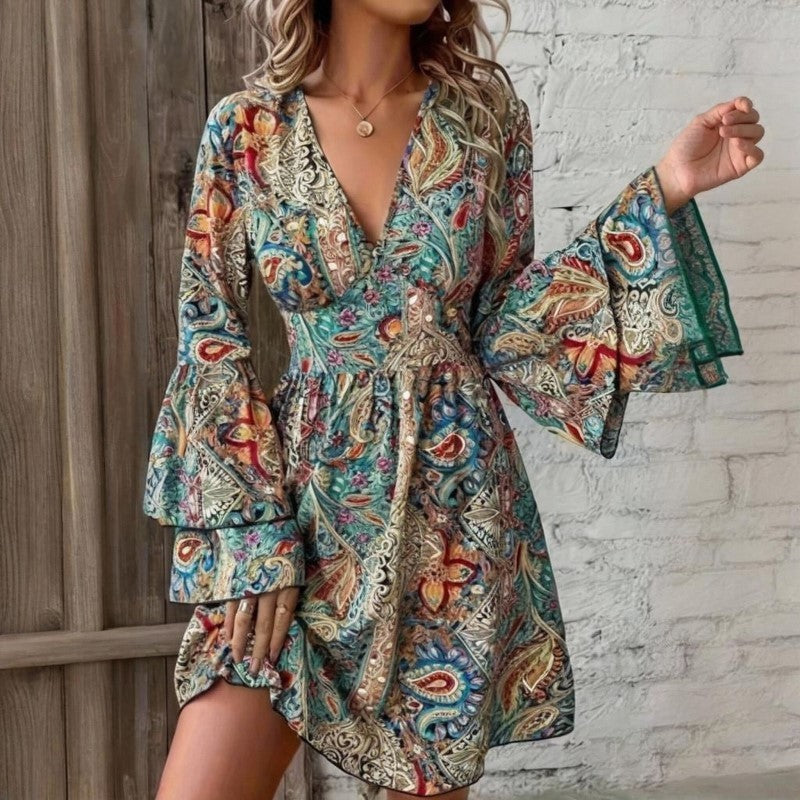 Elegant V-Neck Floral Print Dress - Layered Bell Sleeves, A-Line Waisted Party Dress For Women, Spring Summer Holiday Outfit