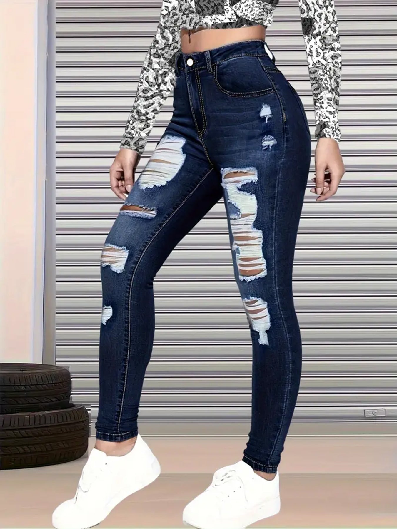 New High Waisted, Hip Lifted, Tight Fitting Women's Jeans With A Ripped Nine Quarter Cut, Suitable For Minimalist Fashion In Summer