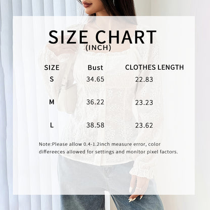 Women's Square Neck Puff Sleeve Eyelet Lace Hollow Out Button Top Blouse