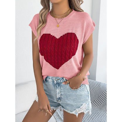 Women's Heart Color Block Knit Top - Casual Sleeveless Valentine Shirt