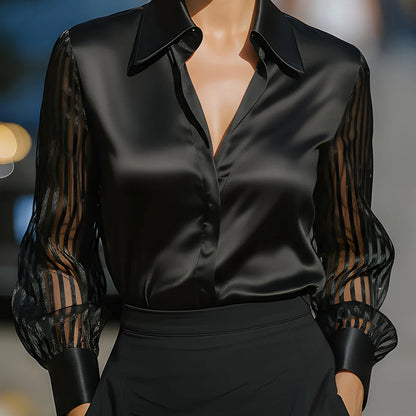 Elegant Women's Satin Blouse - Classic Lapel Collar, Sheer Long Sleeve, Button-Down Shirt With Smooth Flowy Design For Spring & Autumn Office Wear