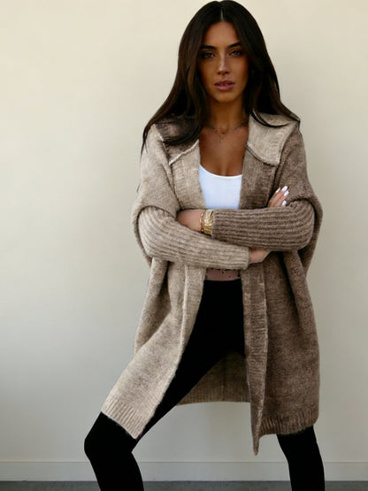 New Style Women's Color-blocked Hooded Knitted Cardigan, Large-sized Mid-length Sweater For Autumn And Winter, Women's Outerwear