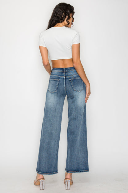 Dark Blue Plus Size High-Waisted Flare Pants Wide-Leg Trousers For Curvy Women