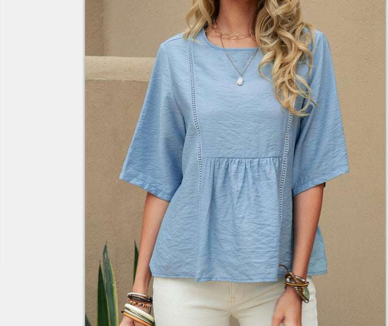 Hollow-Out Womens Cotton-Linen Casual Solid-Color Three-Quarter-Sleeve Shirt