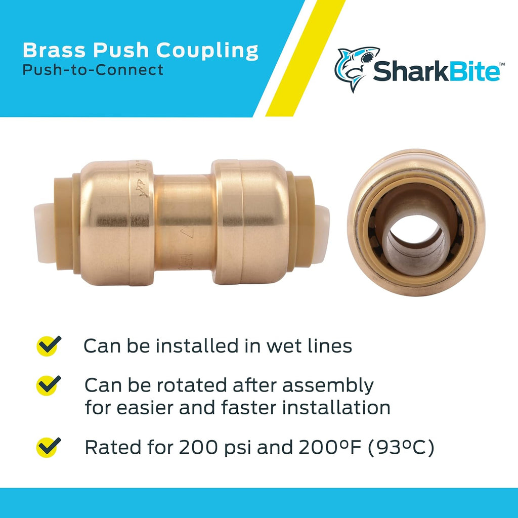 1/2 Inch Coupling, Pack of 4, Push to Connect Brass Plumbing Fitting, PEX Pipe, Copper, CPVC, PE-RT, HDPE, U008LFA4