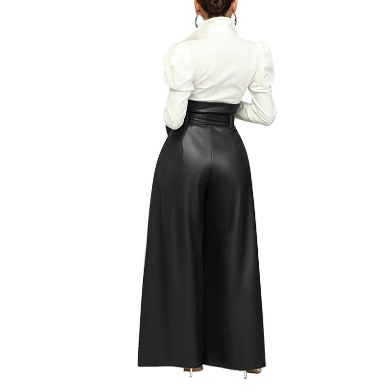 Women's Fashion High-Waisted PU Wide-Leg Pants, Solid Color Metal Belt Detail Trousers With Pockets