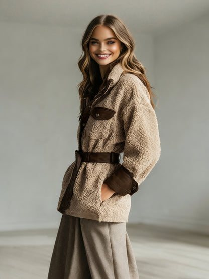 New Style Women's Autumn And Winter Clothing, New Style Women's Thickened Lamb Fur Stitching PU Leather Pocket Leather Belt Vintage Jacket