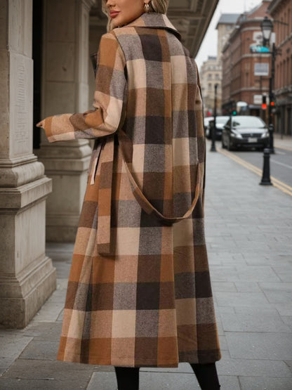 New Style Lapel Woolen Lace-up Double-breasted Extended Coat, Women's Windbreaker