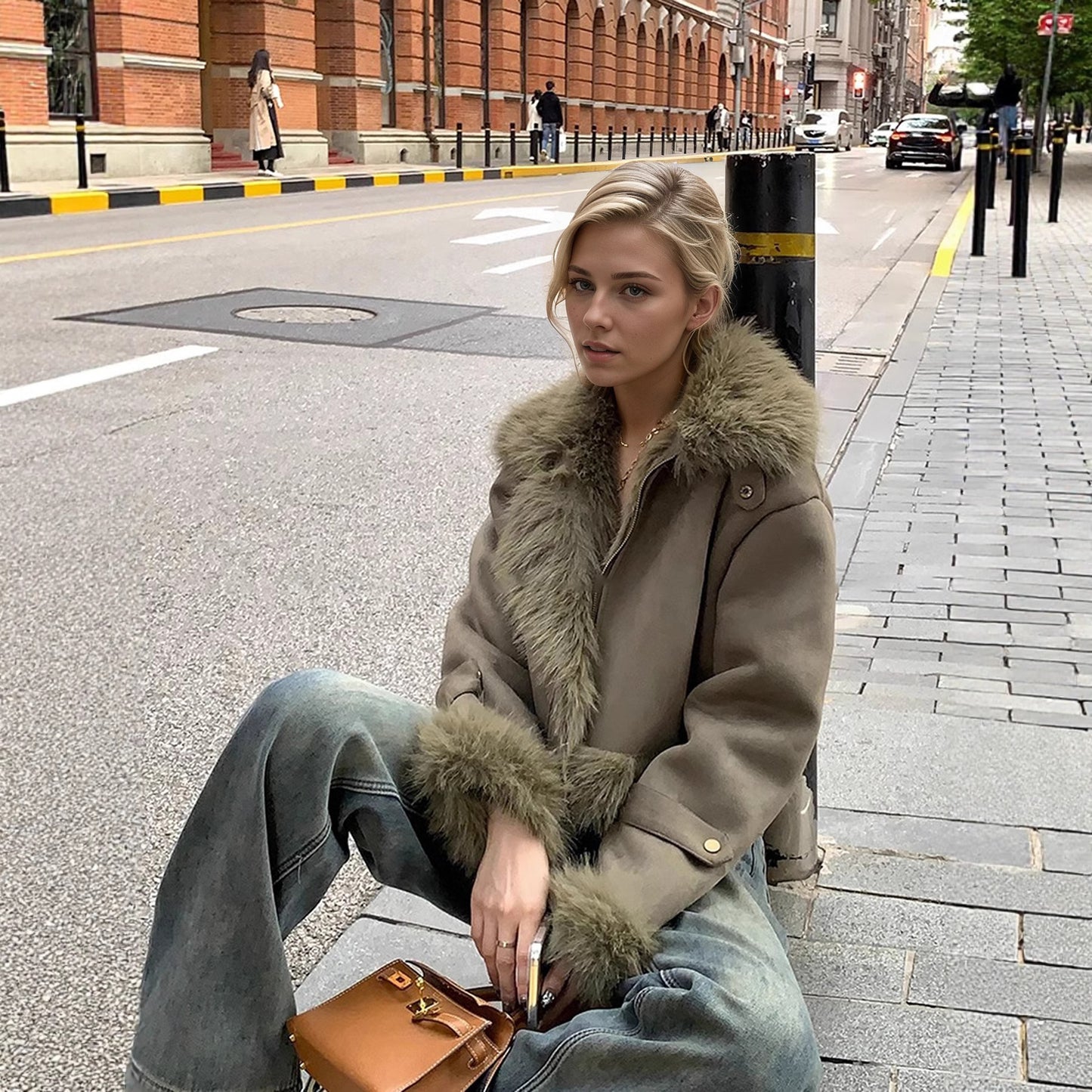 Leather-and-fur Jacket With Suede Lining Short Biker Style