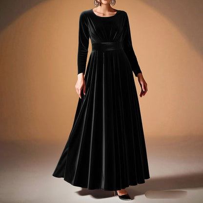Women's Elegant Velvet Pleated Long Sleeve Cocktail Party Formal Wedding Guest A-Line Maxi Long Dress
