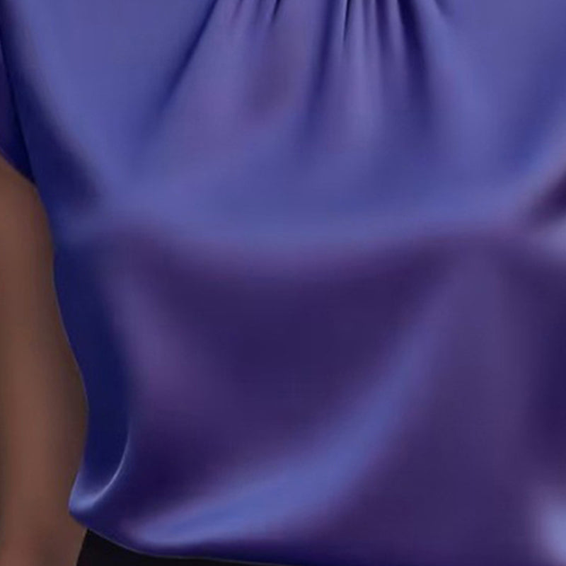 Women's Elegant Solid Color High-Neck Satin Short Sleeve Top, Summer Office Blouse With Ruffle Detail